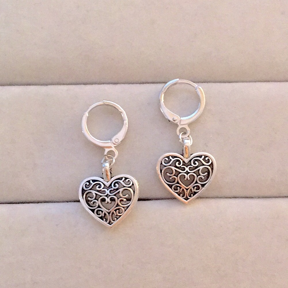 Silver Filigree Heart Drop Earrings
